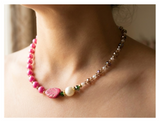 Handcrafted Pink Pearl Necklace with Faceted Crystal Beads, Metal-Plated Clasp w/ Extension Chain