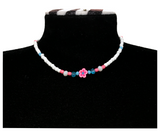 Handcrafted Pink Bloom Beaded Necklace, Metal-Plated Clasp w/ Extension Chain