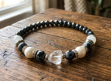 Handmade Beaded Bracelet – Faceted Jet Black & White Pearl-Style Beads, Monochrome Boho Chic Jewelry