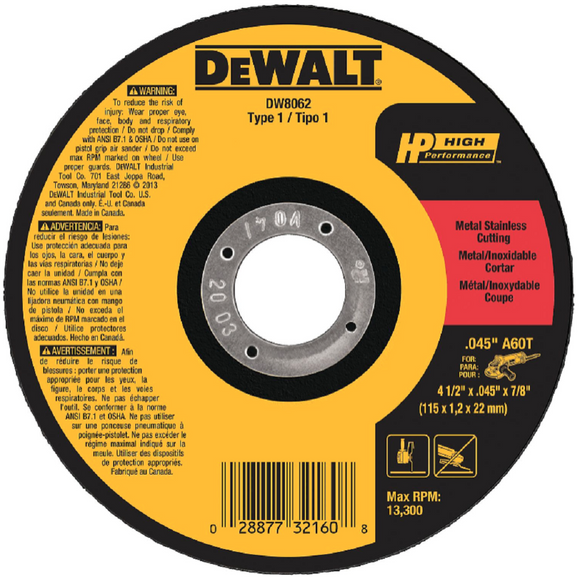 DeWALT DW8062 High-Performance Metal & Stainless Cutting Wheels Type 1