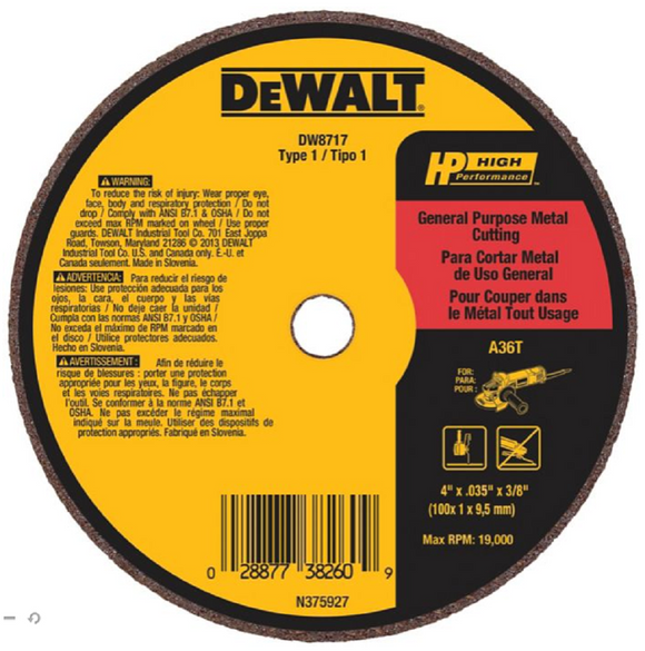 DeWALT DW8717 Type-1 Small Diameter Metal/Stainless Cutting Wheel Fiberglass