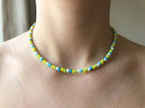 Handmade Lime & Turquoise Beaded Choker, Minimalist Seed Bead Necklace, Summer Surf Jewelry, Dainty Beach Layering Piece for Her