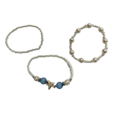 Handmade Ocean Blue White Pearl-Like Beaded Bracelet Set, Starfish Charms, Boho Ocean Jewelry