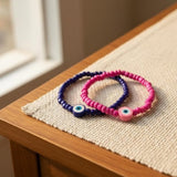Handmade Pink Blue Beaded Bracelet Set, Eye Charm, Playful Boho Jewelry