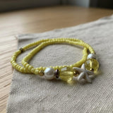 Handmade Yellow Beaded Bracelet Set with Star Fish Charm— Pearl Accent Beads, Beachy Stackable Summer Coastal Boho Jewelry
