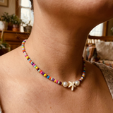 Handmade Starfish Beaded Necklace - Rainbow Beach Choker, Summer Jewelry with Faux Pearls