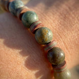 Handmade Bracelet – Green Stone-Style Beads with Brown & Cream Disc Spacers – Boho Jewelry
