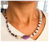 Handcrafted Purple Leaf Pearl Necklace with Faceted Crystal Beads, Metal-Plated Clasp w/ Extension Chain