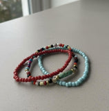 Handmade 3-Piece Colorful Beaded Bracelet Set Red Blue Yellow Black White with Marbled Accent Gift