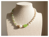 Handcrafted Spring Leaf and Pearl Necklace with Faceted Crystal Beads, Metal-Plated Clasp w/ Extension Chain