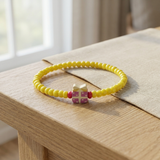 Handmade Yellow Beaded Bracelet, Pink Floral Accent, Playful Casual Jewelry