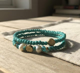 Handmade 2-Piece Turquoise Beaded Bracelet Set with Pearl Accents & Gold-Tone Flower Beads Gift