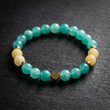 Teal Green Gemstone Beaded Bracelet, Natural Stone Stretch Bracelet with Gold Heart Charm, Minimalist Boho Stackable, Gift for Her