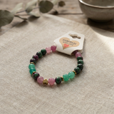 Ruby Zoisite Green Aventurine & Pink Jade Beaded Bracelet with Heart Charm Stretch Boho Gemstone Natural Stone Jewelry