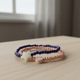 Handmade Pink Navy Blue Beaded Bracelet Set, Star and Character Charm, Playful Boho Jewelry