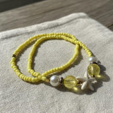 Handmade Yellow Beaded Bracelet Set with Star Fish Charm— Pearl Accent Beads, Beachy Stackable Summer Coastal Boho Jewelry