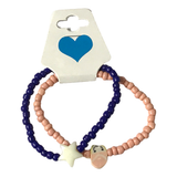 Handmade Pink Navy Blue Beaded Bracelet Set, Star and Character Charm, Playful Boho Jewelry