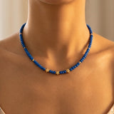 Royal Blue Beaded Star Necklace Minimalist Blue Bead Choker Jewelry Metal-Plated Clasp w/ Extension Chain