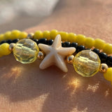 Handmade Yellow Black Beaded Bracelet Set, Starfish Charm, Boho Ocean Jewelry