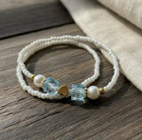 Handmade White Beaded Bracelet with Blue Cube Beads, Pearl Accents & Gold-Tone Spacers - Cute Friendship Jewelry Gift