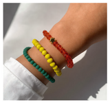Handmade Bright Yellow, Dark Teal, Sparkling Orange Beaded Bracelet, Tropical Stackable Jewelry