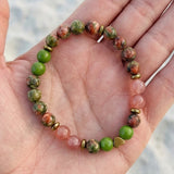 Earth Tone Beaded Bracelet, Green Pink Natural Stone with Heart Charm Stretch Gemstone, Boho Handmade Jewelry, Stackable