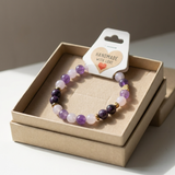 Purple & Pink Beaded Bracelet, Natural Stone Stretch Gemstone with Gold Heart Charm, Minimalist Boho Stackable, Gift for Women