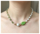 Handcrafted Spring Leaf and Pearl Necklace with Faceted Crystal Beads, Metal-Plated Clasp w/ Extension Chain