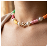 Handcrafted Summer Beach Pearl-like Necklace, Metal-Plated Clasp w/ Extension Chain