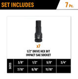 GearWrench 84941 Chrome Steel 1/2" Drive SAE Hex Bit Impact Socket Set, 7 pc.