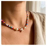 Handcrafted Seaside Starfish and Pearl-like Necklace, Metal-Plated Clasp w/ Extension Chain