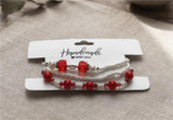 Handmade Red White Beaded Bracelet Set, Silver Heart Charm, Boho Ocean Jewelry