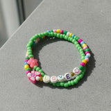 Y2K Smile Beaded Bracelet Stack, Rainbow Green Aesthetic Jewelry,  Playful Happy Face Letter Beads