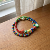 Handmade Rainbow Beaded Bracelet Set, Heart Charm & LOVE Letters, Pearl-Like Accent, Playful Boho Jewelry