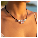 Elegant Flower Design Necklace with Acrylic White Pearl Beads, Black Cord, Lobster Claw with Extension Chain