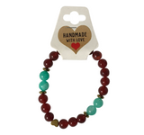 Handmade Red & Turquoise Beaded Bracelet, Gold Heart Charm Jewelry Boho Gemstone Stackable