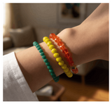 Handmade Bright Yellow, Dark Teal, Sparkling Orange Beaded Bracelet, Tropical Stackable Jewelry