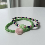 Pastel Mermaid Seed Bead Bracelet Set, Green Pink Shell & Star Charm Jewelry
