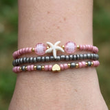 Handmade Pink Gray Gold Beaded Bracelet Set, Starfish & Heart Charms, Boho Ocean Jewelry