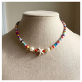 Handcrafted Seaside Starfish and Pearl-like Necklace, Metal-Plated Clasp w/ Extension Chain