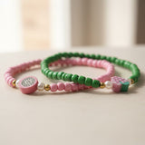 Handmade Pink Green Beaded Bracelet Set, Mushroom Charm & Pattern Accents, Playful Boho Jewelry