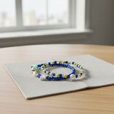 Handmade Blue Yellow Beaded Bracelet Set, Heart and Butterfly Charms, Pearl-Like Accents, Playful Boho Jewelry