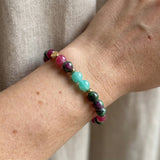 Ruby Zoisite Inspired Colorful Gemstone Beaded Bracelet Handmade Stretch Boho Jewelry Gift for Her, Pink Green Teal Beads with Heart Charm