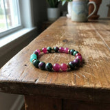 Ruby Zoisite Inspired Colorful Gemstone Beaded Bracelet Handmade Stretch Boho Jewelry Gift for Her, Pink Green Teal Beads with Heart Charm