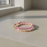 Pink Yellow Beaded Bracelet Set— Handmade Personalized Stretch Seed Beads Jewelry, Cute Best Friend Gift