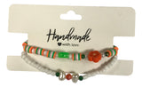 Handmade 2-Piece Bracelet Set with White Beads, Orange & Green Accents, Flower & Smiley Charms – Gift Jewelry, Boho Chic Style