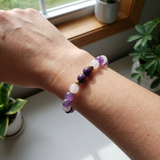 Purple & Pink Beaded Bracelet, Natural Stone Stretch Gemstone with Gold Heart Charm, Minimalist Boho Stackable, Gift for Women