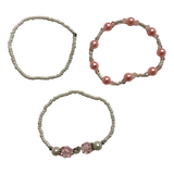 Handmade Pink White Pearl-Like Beaded Bracelet Set, Heart Charm, Boho Ocean Jewelry