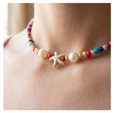 Handcrafted Seaside Starfish and Pearl-like Necklace, Metal-Plated Clasp w/ Extension Chain