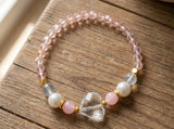 Handmade Beaded Bracelet – Swarovski Pink Glass, Quartz, Pearls, Moonstone & Gold Spacers with Clear Heart Crystal Charm